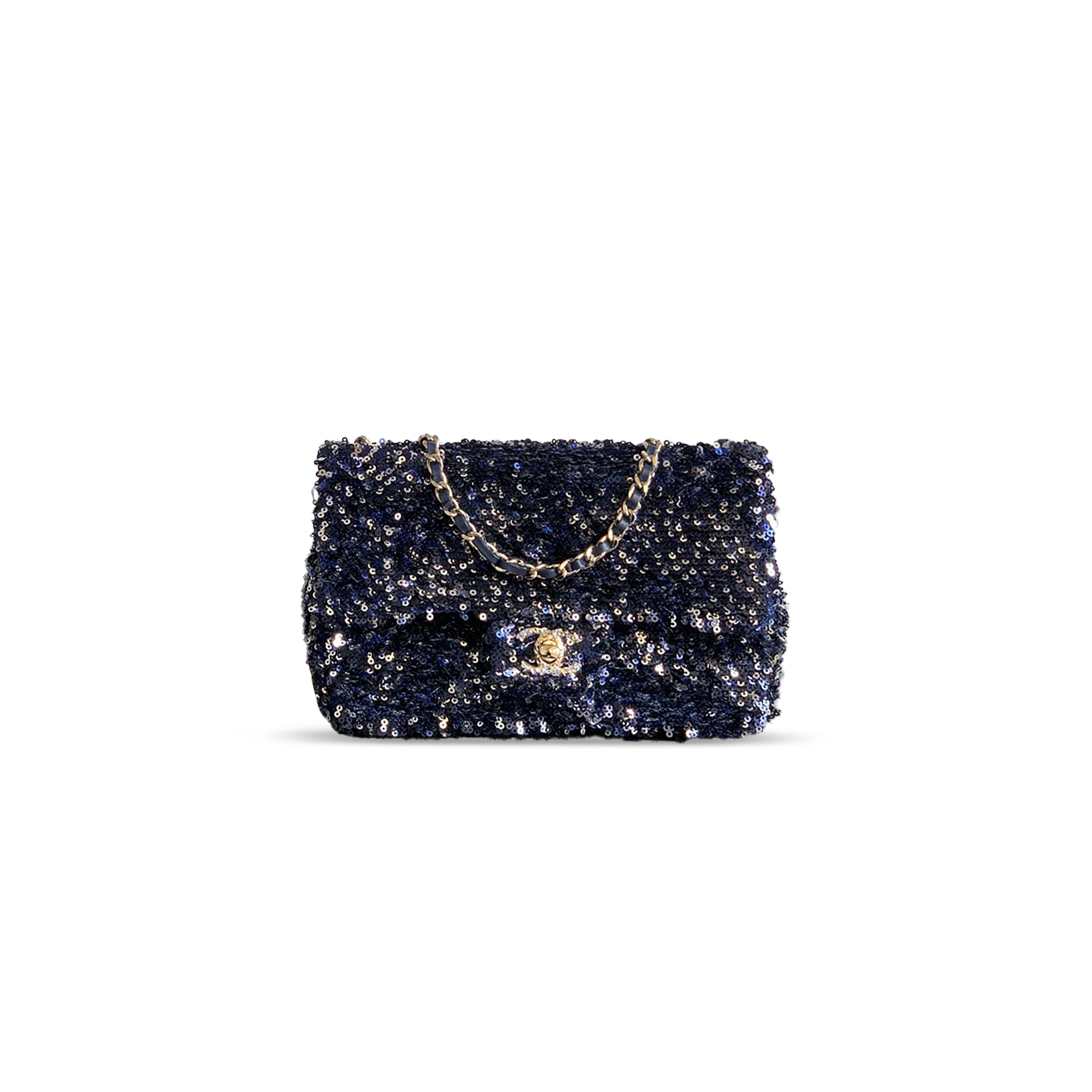 CHANEL FLAP BAG SEQUINS & GOLD-TONE METAL GOLDEN & NIGHT BLUE AS4561 (21*14*8cm)